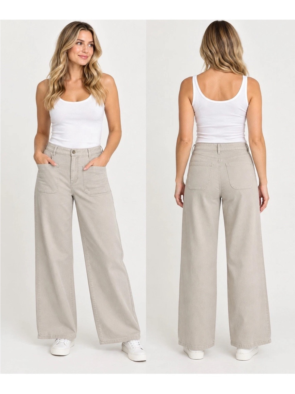 Entro Women's Khaki Tan Wide Leg Pants Small Stretch Button Zip Casual